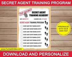 the secret agent checklist is displayed on a piece of paper with a wooden background