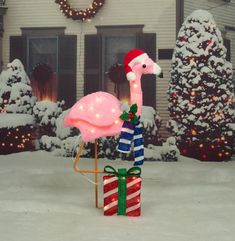 a pink flamingo standing on top of a christmas present in front of a house