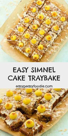 easy simple cake tray bake with lemons on top and the words easy simmel cake tray