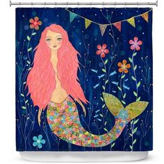 a mermaid shower curtain with flowers and buntings on the sides, in blue background