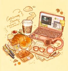 a laptop computer sitting on top of a table next to bread and coffee mugs