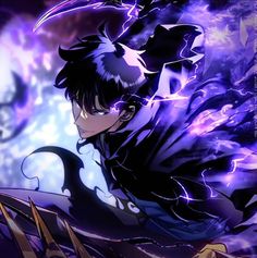 an anime character with black hair and blue eyes, standing in front of purple clouds