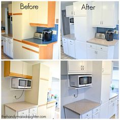 four different pictures show the same kitchen before and after remodeling with white cabinets