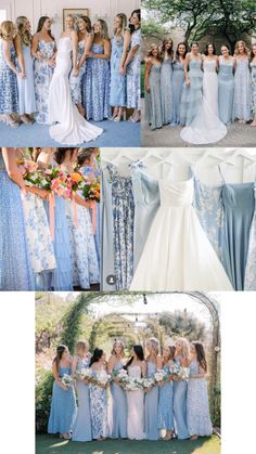 the bridesmaids are all dressed in blue and white gowns for their wedding