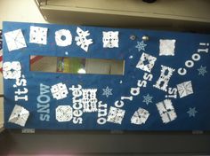 a door decorated with words and snowflakes