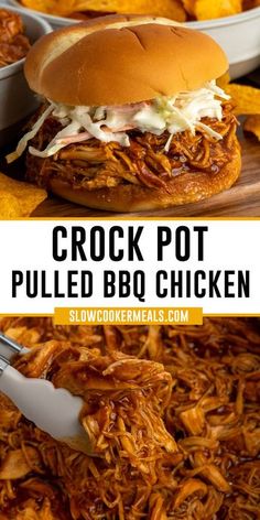 crock pot pulled bbq chicken on a cutting board with potato chips in the background