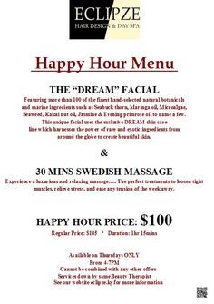 Join us every THURSDAY during the month of December for a Happy Hour... of services that is!   From 4-7 PM Small Business Promotion Ideas, Happy Hour Ideas, Salon Advertising Ideas, Spa Quotes, Happy Hour Menu, Esthetician Room Decor, Spa Marketing, Esthetics Room, Promote Small Business