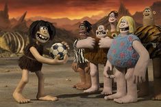 several cartoon characters are holding a soccer ball in front of an image of the same character