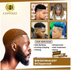 an advertisement for clipperz hair salon with two men's heads and one woman's head