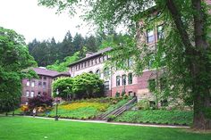 a large building sitting on top of a lush green field next to trees and bushes