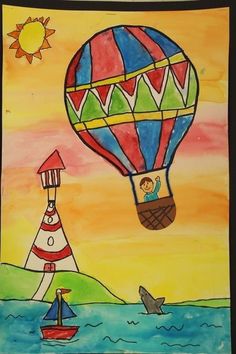 a drawing of a hot air balloon flying over the ocean with a person on it