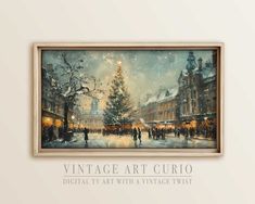 a painting hanging on the wall in front of a christmas tree