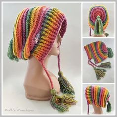 the crocheted hat is multicolored and has tassels