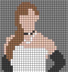 a cross stitch pattern of a woman in white shirt and black gloves with her hands on her hips