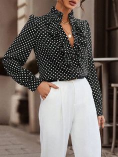 Loose Puff Sleeves Floral Pleated Polka-Dot Split-Joint Stand Collar Blouses Stand Collar Blouse, Advanced Style, Blouse Pants, Collar Blouse, Work Blouse, School Fashion, Dress And Heels, Work Fashion, Black Blouse