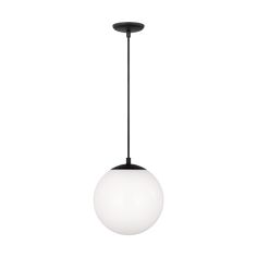 a black and white light fixture with a glass ball hanging from it's end