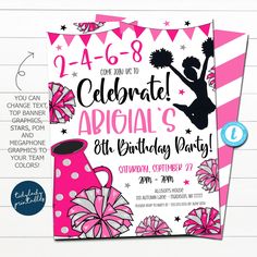 this is an image of a birthday party with pink and black decorations on it, including a cheerleader