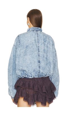 Find ISABEL MARANT ÉTOILE Plume Jacket on Editorialist. Isabel Marant Etoile Plume Jacket in Blue. - size 36/4 (also in 34/2, 38/6) Isabel Marant Etoile Plume Jacket in Blue. - size 36/4 (also in 34/2, 38/6) Self: 100% lyocell Lining: 100% cotton. Made in Tunisia. Dry clean recommended. Front zipper closure. Drawstring collar and hem. Snap button pockets. Elastic cuffs. Denim print cotton fabric. ISAR-WO124. VE0372FA-B3H01E. The standard-bearer for insouciant Parisian chicness, Isabel Marant lau Chambray Jacket, Denim Print, Long Sleeve Outerwear, Denim Outerwear, Wool Blend Jacket, Isabel Marant Etoile, Black Denim Jacket, Relaxed Style, Isabel Marant