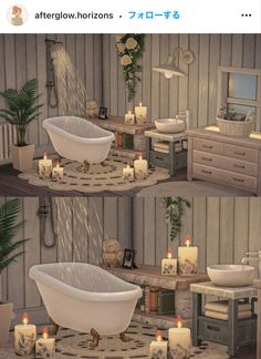 the bathroom is decorated with candles and bathtubs for relaxing in it's natural surroundings