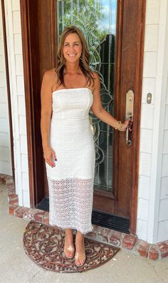 Looking for the perfect dress for your bridal crew? Look no further than our I Do Crew Strapless Lace Midi Dress in White! This stunning dress features delicate lace detailing and a flattering midi length. Your squad will be sure to turn heads and make memories in this one-of-a-kind dress. I Do Crew, Athleisure Shoes, Make Memories, Blouse Short Sleeve, Lace Midi, Top Graphic Tees, Lace Midi Dress, Midi Maxi Dress, Sweaters And Jeans