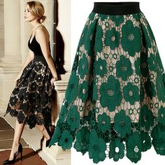 Womens Floral Lace Long Skirts Ladies Casual Stretch Flared Printed Skater Skirt #Unbranded #Flare #Casual Green Lace Bottoms For Spring, Mid Calf Skirt, Womens Maxi Skirts, Party Skirt, Embroidered Skirt, A Skirt, Green Skirt, Primavera Estate