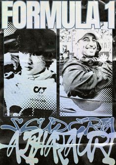 an advertisement for formula 1 featuring two men and one is wearing a baseball cap with graffiti on it