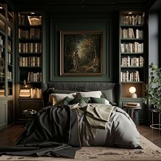 a bedroom with bookshelves and a painting on the wall