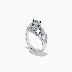 Signature 14K White Gold Emerald and Diamond Panther Ring Luxury Emerald Ring With 17 Jewels For Promise, Luxury Hallmarked Emerald Ring With Diamond, Luxury White Gold Cluster Ring In Sterling Silver, Luxury 14k Gold Collectible Rings, Luxury Polished Emerald Ring, Platinum Emerald Ring In White Gold, Luxury Rings With Vs Clarity For Formal Occasions, Luxury 14k White Gold Silver Cluster Ring, Luxury Sterling Silver Polished Emerald Ring