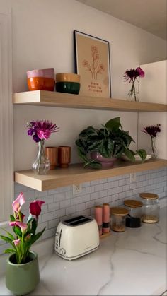 the kitchen counter is clean and ready to be used as a planter for flowers