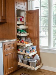 an open pull out spice rack in the corner of a kitchen with wooden cabinets and drawers