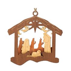 a wooden nativity scene with three wise men and baby jesus in the manger