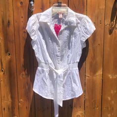 Super Cute ! Tags Still On ! Originally $38 Size Xl In Juniors Y2k Collared Tops For Summer, Spring Collared Y2k Tops, Spring Y2k Collared Tops, Y2k Style Button-up Summer Tops, Y2k Fitted Short Sleeve Blouse, Fitted Short Sleeve Y2k Blouse, Y2k Style Tops With Buttons For Spring, White Fitted Shirt For Day Out, Fitted White Shirt For Day Out