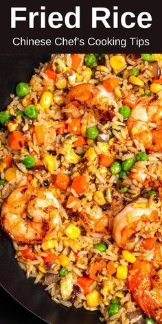 fried rice with shrimp and vegetables in a skillet