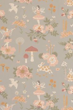 a wallpaper with flowers and fairy images on it, including mushrooms, butterflies, and other things