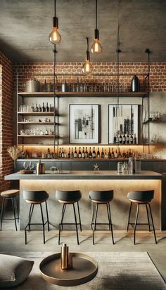 an industrial style bar with stools and lights