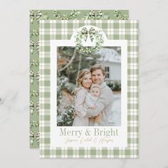 a merry and bright holiday card with an image of a woman holding a baby in her arms