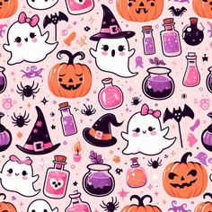 halloween seamless pattern with ghost, pumpkins and booze bottles on pink background