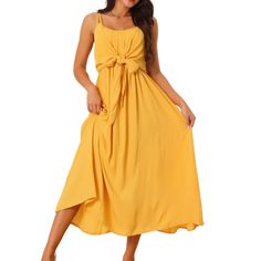 Step into summer with the Allegra K Women's Sleeveless Casual Midi Sundress, a must-have for your warm-weather wardrobe. This flowy, tie-front dress is designed to flatter any body shape, making it a versatile choice for various occasions.

- Material: Lightweight fabric for comfort and ease
- Color: Vibrant Yellow
- Size: Large
- Gender: Female
- Features: Adjustable straps for a perfect fit, sleeveless design ideal for summer

Perfect for everything from beach days to casual outings and family Sundress Style Maxi Dress With Spaghetti Straps, Sling Dress With Adjustable Straps For Day Out, Sleeveless Strapped Midi Dress For Beach, Backless Sundress With Straps, Strappy Midi Sundress For Brunch, Brunch Midi Sundress With Straps, Vacation Sleeveless Midi Dress With Tie Fastening, Midi Sundress With Straps For Brunch, Sleeveless Midi Dress With Straps For Vacation