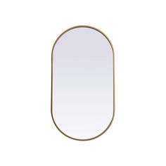 an oval shaped mirror on a white wall with a gold frame and metal rims