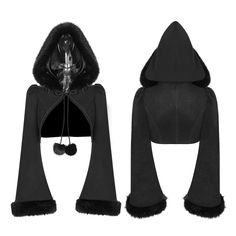 Shop now and embrace your inner enchantress with our women's gothic fur-trimmed hooded jacket. crafted with meticulous attention to detail, this jacket features exquisite lace accents and a luxurious fur trim. perfect for those seeking a touch of darkness and sophistication, this jacket is sure to make a statement wherever you go Luxury Gothic Hooded Outerwear, Luxury Black Vampire Outerwear, Luxury Alternative Outerwear For Cosplay, Visual Kei Coats & Jackets, Luxury Black Outerwear With Faux Fur Trim, Luxury Gothic Outerwear For Cosplay, Luxury Punk Long Sleeve Outerwear, Faux Fur Bolero, Faux Fur Hoodie