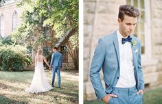 the bride and groom are holding hands in front of an old brick building with trees