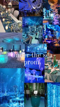 under the sea prom party collage with blue and white decorations, tables, chairs