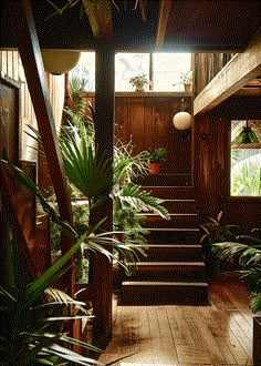 the inside of a house with wooden floors and plants on either side of the stairs