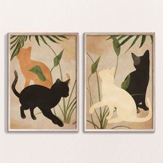 two framed art prints depicting cats in the jungle, one black and one white with green leaves