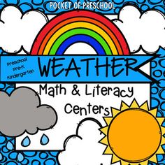 a poster with the words weather, math and library centers in front of a rainbow