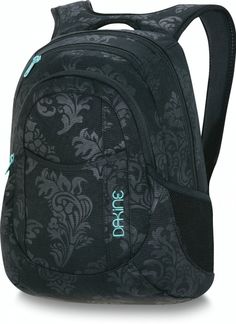 a black backpack with blue flowers on it