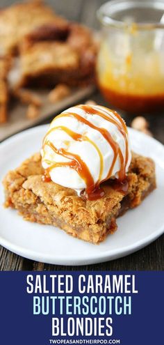 salted caramel butterscotch blondies on a white plate with text overlay