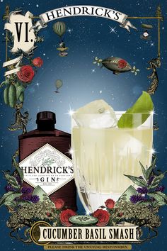 an advertisement for hendirick's gin featuring a bottle and a glass filled with ice