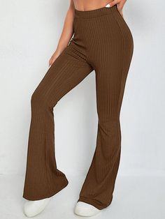 Chocolate Brown Casual Collar  Fabric Plain Flare Leg Embellished Slight Stretch Fall Women Clothing Flare Pants Outfit, Color Day, Brown Flares, Line Texture, Brown Outfit, Flare Leg Pants