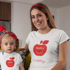 Custom red apple homeschool mom t-shirt featuring mom's homeschool logo (changeable text) and name. School Mom, Homeschool Mom, Red Apple, Fashion Clothes Women, Back To School, Cool Designs